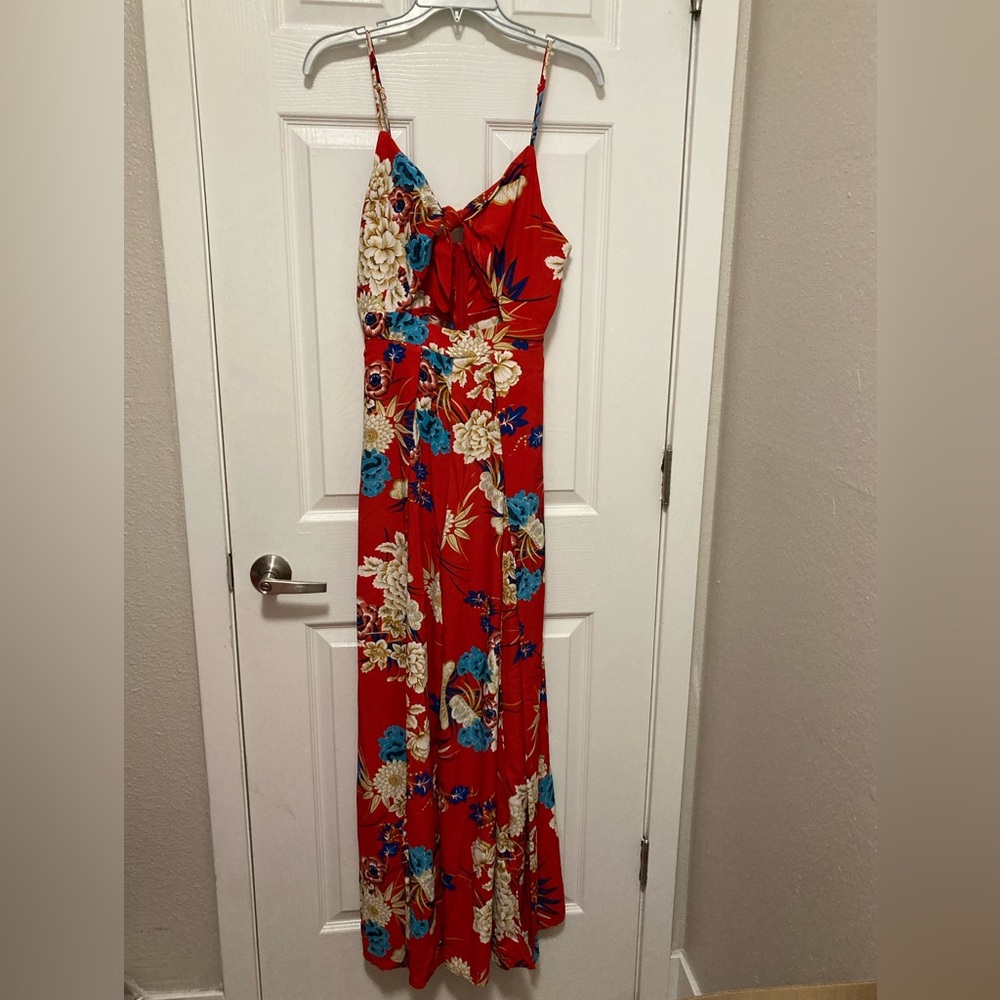 *Banjul Red Floral Cut Out Sleeveless Hawaiian Maxi Dress #Q